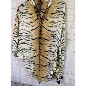 Animal Print Tie Front Blouse Roll Tab Sleeves Woman Size S